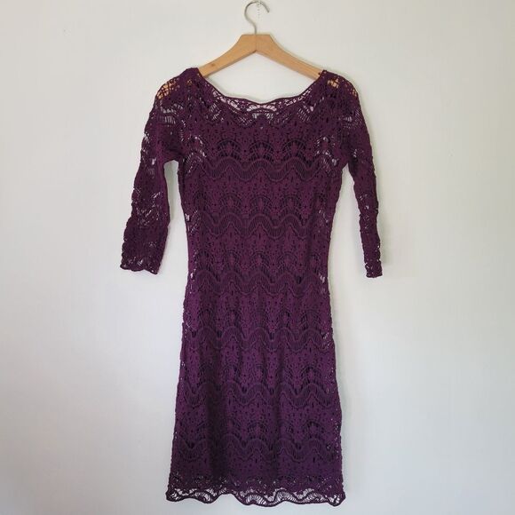 Lauren Ralph Lauren Dress Deep Purple Lace Overlay 3/4 Sleeves XS - Picture 7 of 7